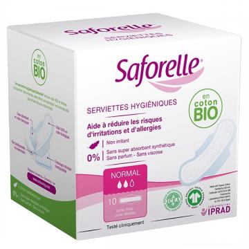 SAFORELLE COTON - Protections serviettes hygieniques jour Bio avec ailettes 10 unites