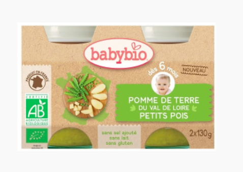 BABYBIO - Petits pois, pomme de terre du val de loire, des 6 mois, 2x130g