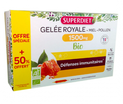 SUPERDIET - Gelée Royale miel pollen bio 1500mg 30 ampoules 15ml - Offre spéciale +50% OFFERT