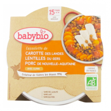 BABYBIO - Cassolette de carotte lentilles porc 15 mois et + bio 260g