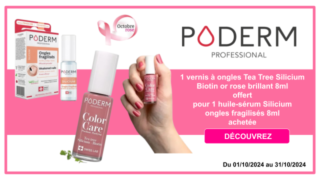 PODERM Color Care 1 vernis &agrave; ongles Tea Tree Silicium Biotin or rose brillant 8ml offert pour 1 huile-s&eacute;rum Silicium ongles fragilis&eacute;s 8ml achet&eacute;e, dans la limite des stocks disponibles